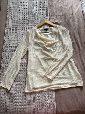 NEW Talbots Cream Waffle-Knit Cowl-Neck Velvet and Sheer Top‎ Size M